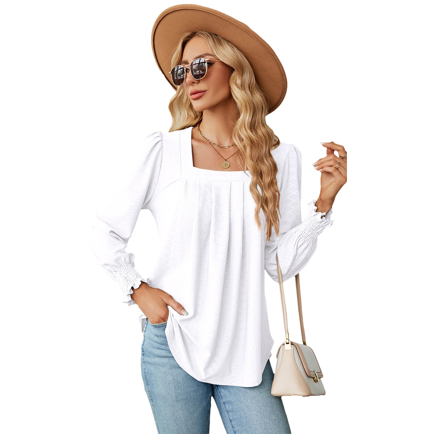 Women's Pleated Square Collar Long Sleeve Swallowtail Solid Color Blouses