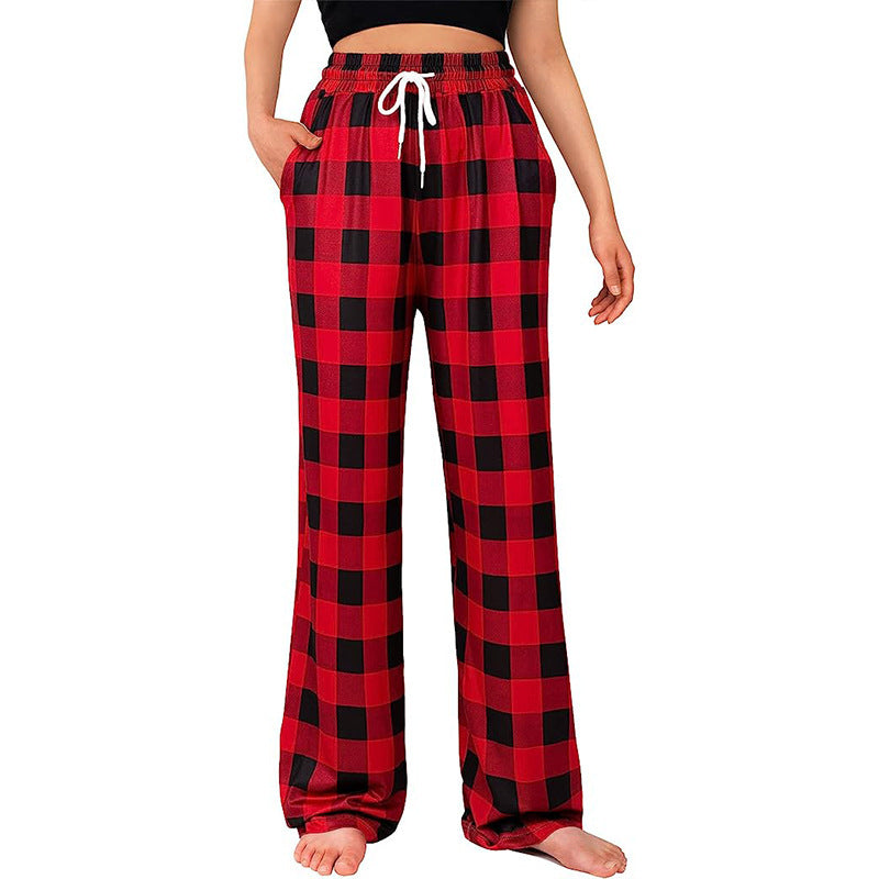 Women's Straight Casual Comfortable Drawstring Stretch Plaid Leggings