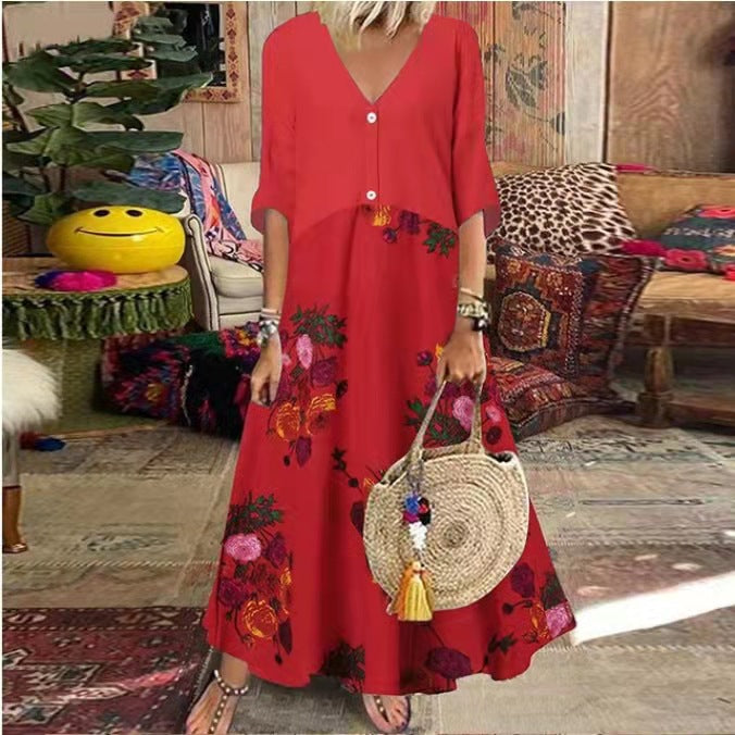 Summer V-neck Sleeve Printed Long Button Dresses