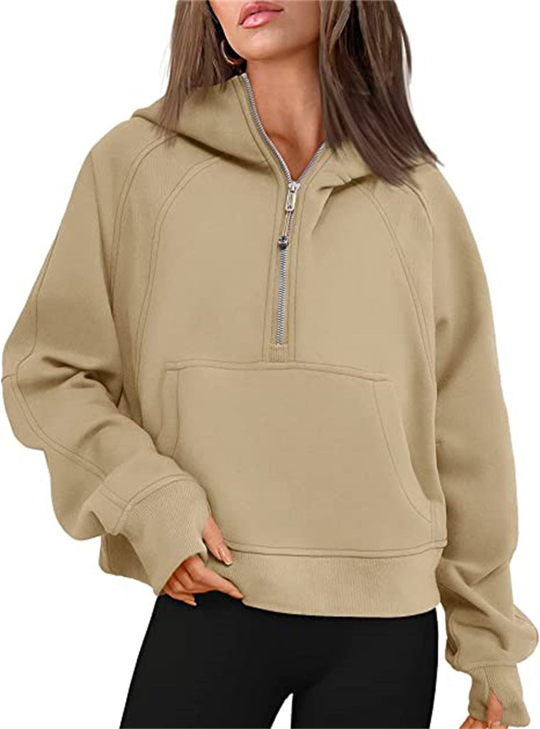 Women's Clothes Sports Half Zipper Hooded Sweatshirt Sweaters