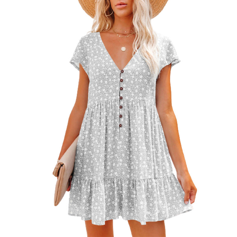 Women's V-neck Buttons Small Floral Sleeve Loose Casual Dresses