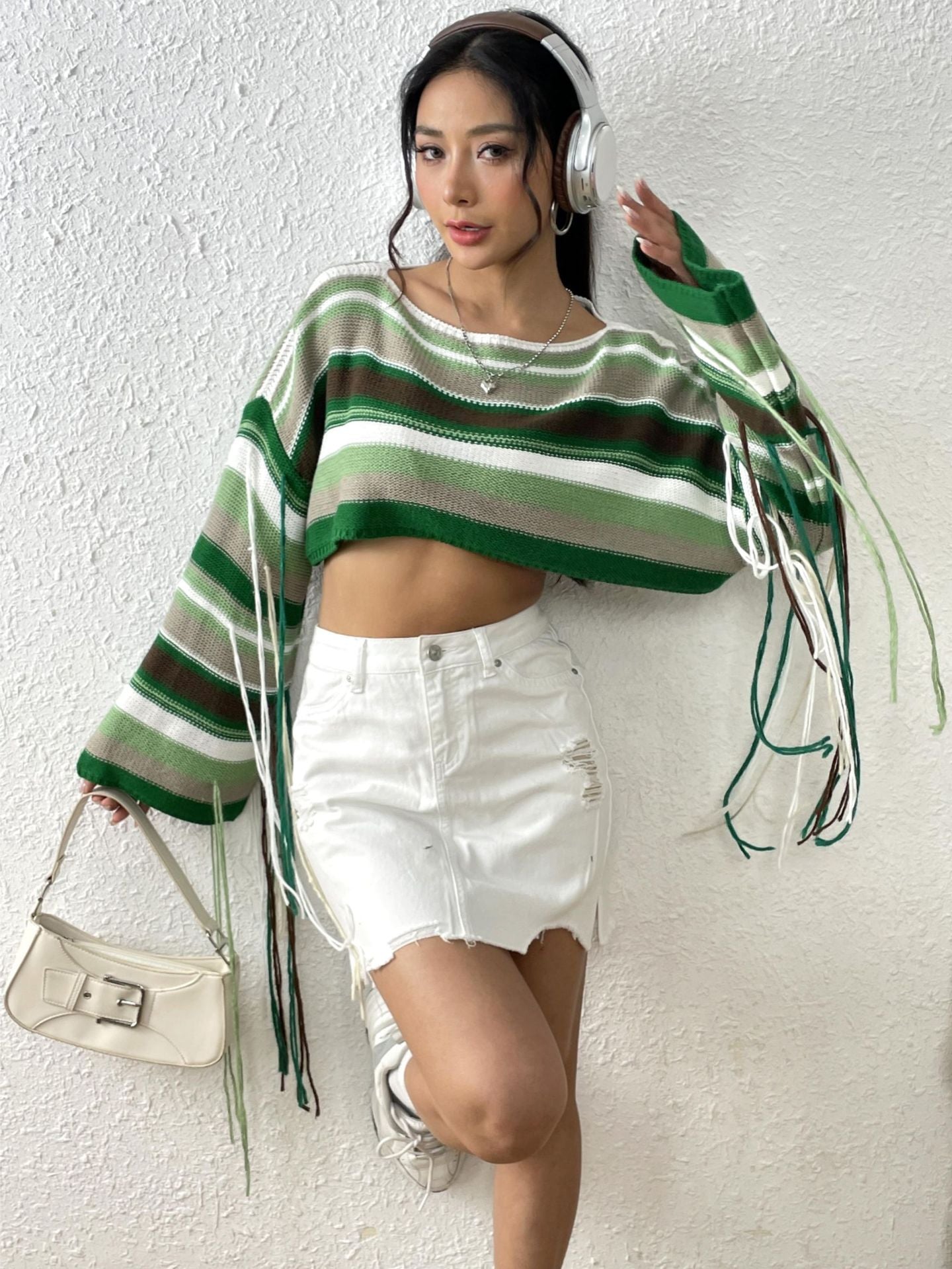 Women's Rainbow Striped Fringed Sexy Ultra Loose Sweaters