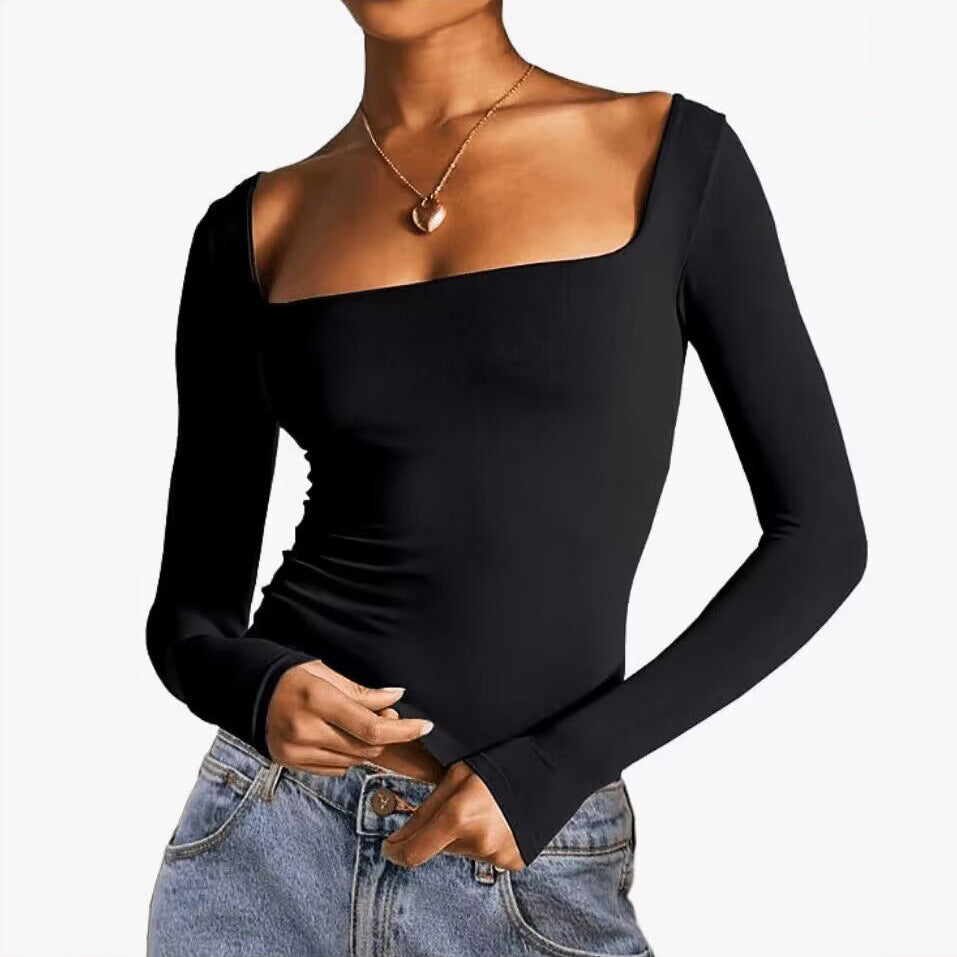 Women's Long-sleeved Solid Color Cropped Square Neck Blouses