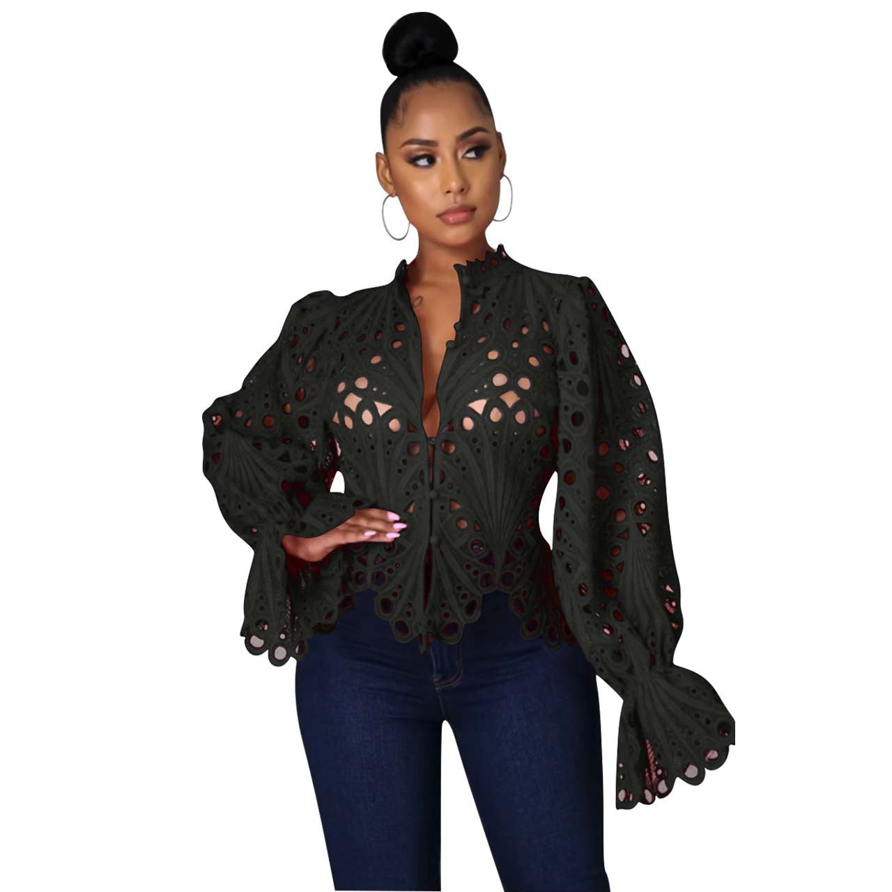 Women's Autumn Ripped Sexy Flare Sleeve Breathable Blouses