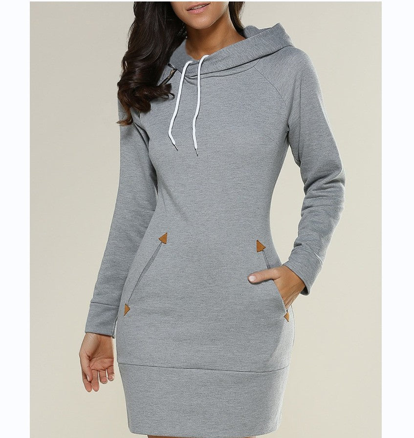 Stylish Hooded Zipper Pullover Mid-length Dress Dresses