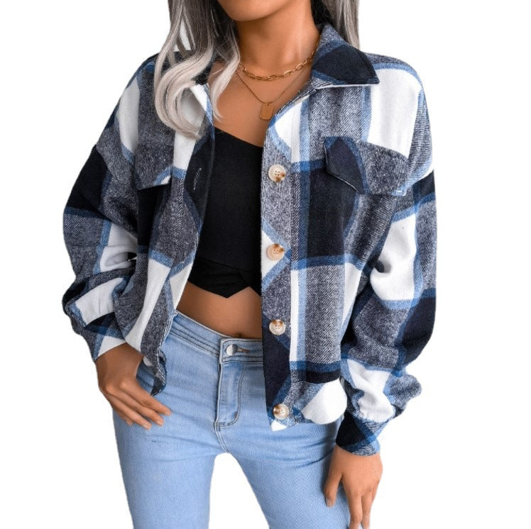 Women's Plaid Lantern Long Sleeve Woolen Coats