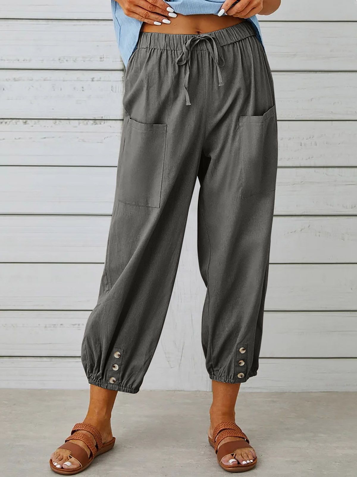 Women's Loose High Waist Button Cotton And Linen Trousers Pants