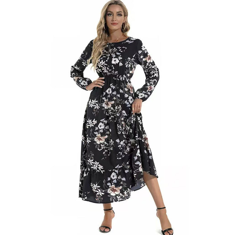 Women's Sleeve Dress Elegant Printed Round Neck Dresses