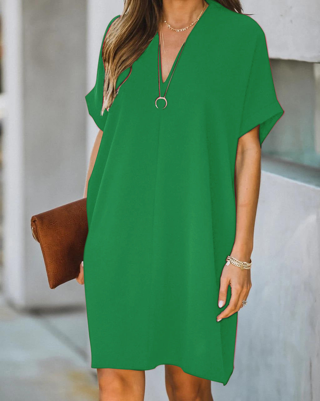 Women's V-neck Short-sleeved Solid Color Loose Dresses