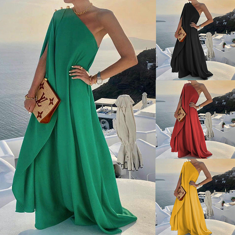 Women's Fashionable Solid Color Loose One-shoulder Long Dresses