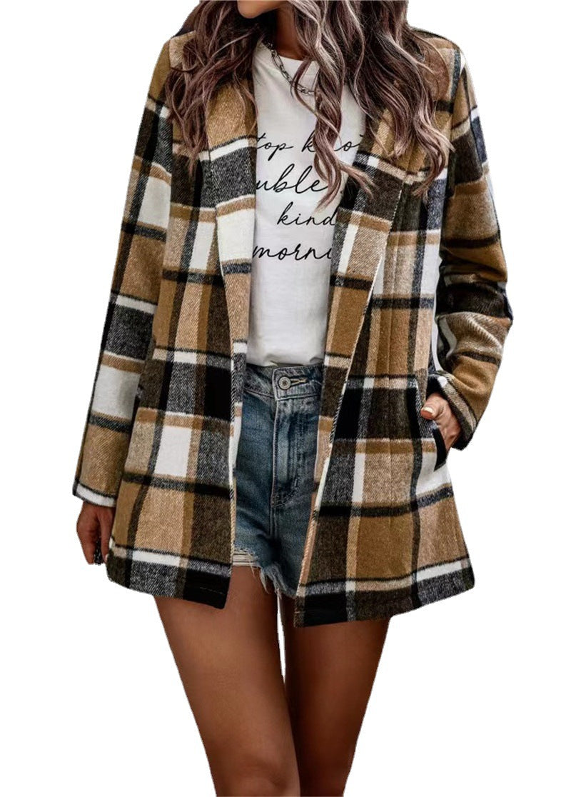 Women's Loose Printed Long Sleeve Pocket Woolen Coats