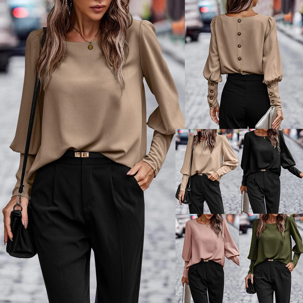 Women's T-shirt Long Sleeve Button Solid Color Tops