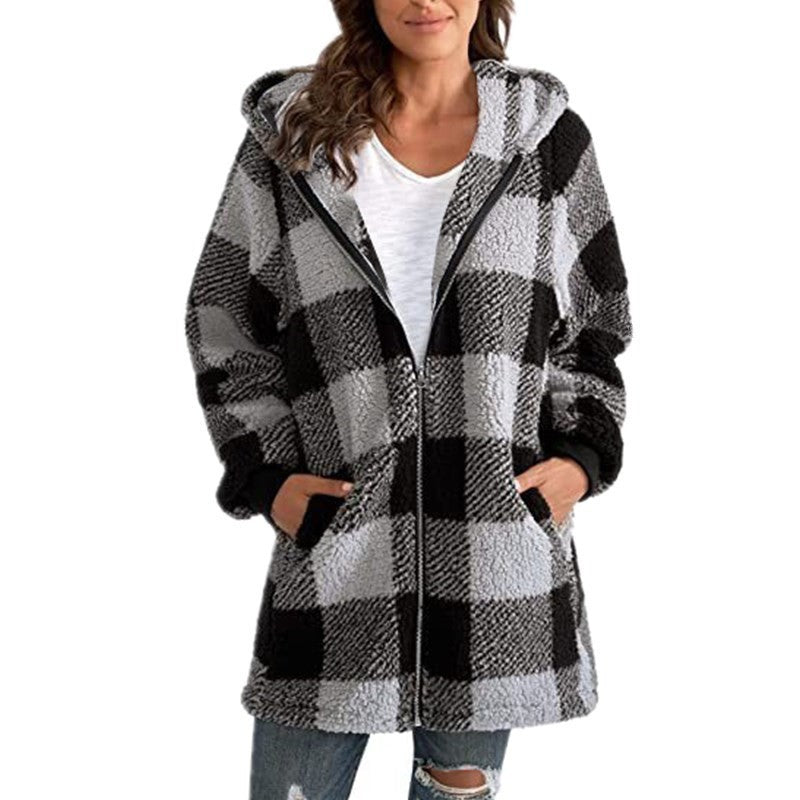 Women's Plush Long-sleeved Plaid Hooded Zipper With Jackets