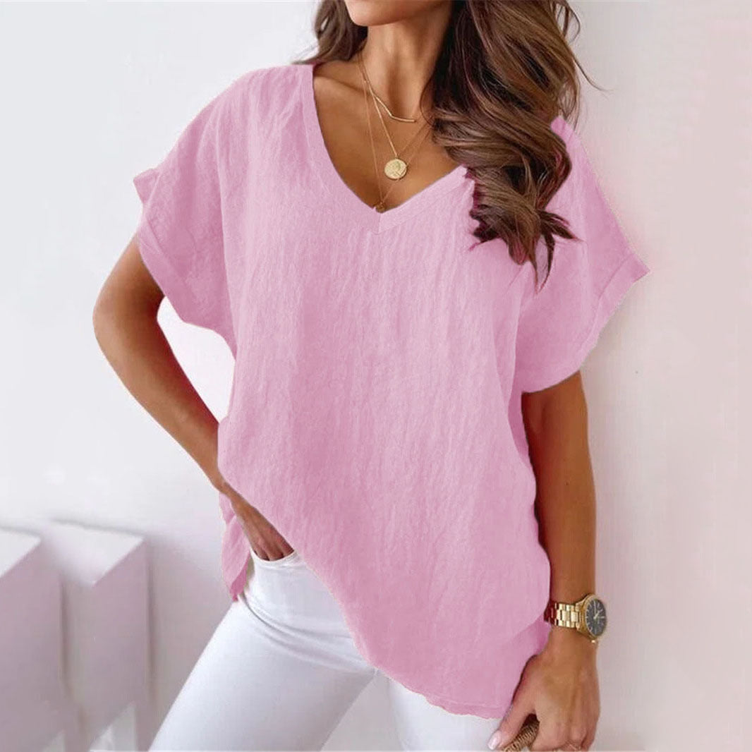 Women's Batwing Sleeve V-neck Solid Color Cotton Linen Blouses