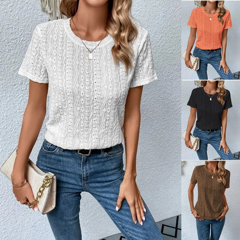 Summer Solid Color Sleeve Hollowed Leisure Blouses