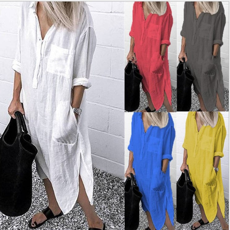 Elegant Solid Color Slit Dress Simple Blouses