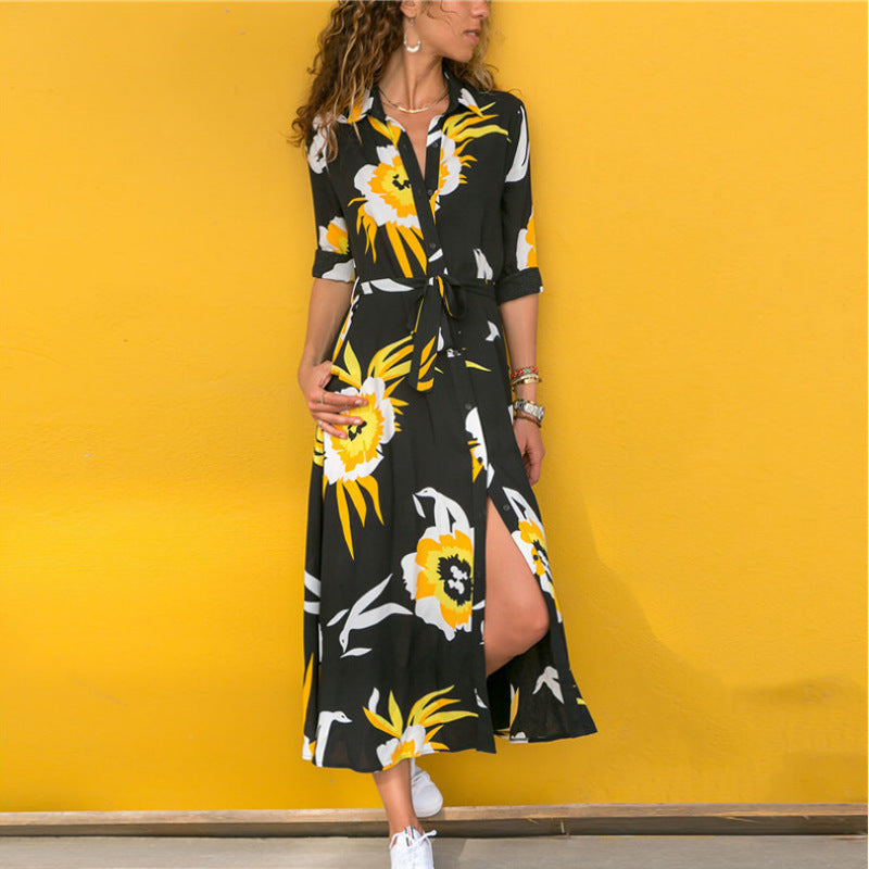 Women's Autumn Printed Single-breasted Long Sleeve Elegant Dresses