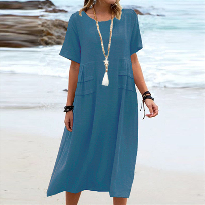 Women's Linen Solid Color Round Neck Sleeves Dresses