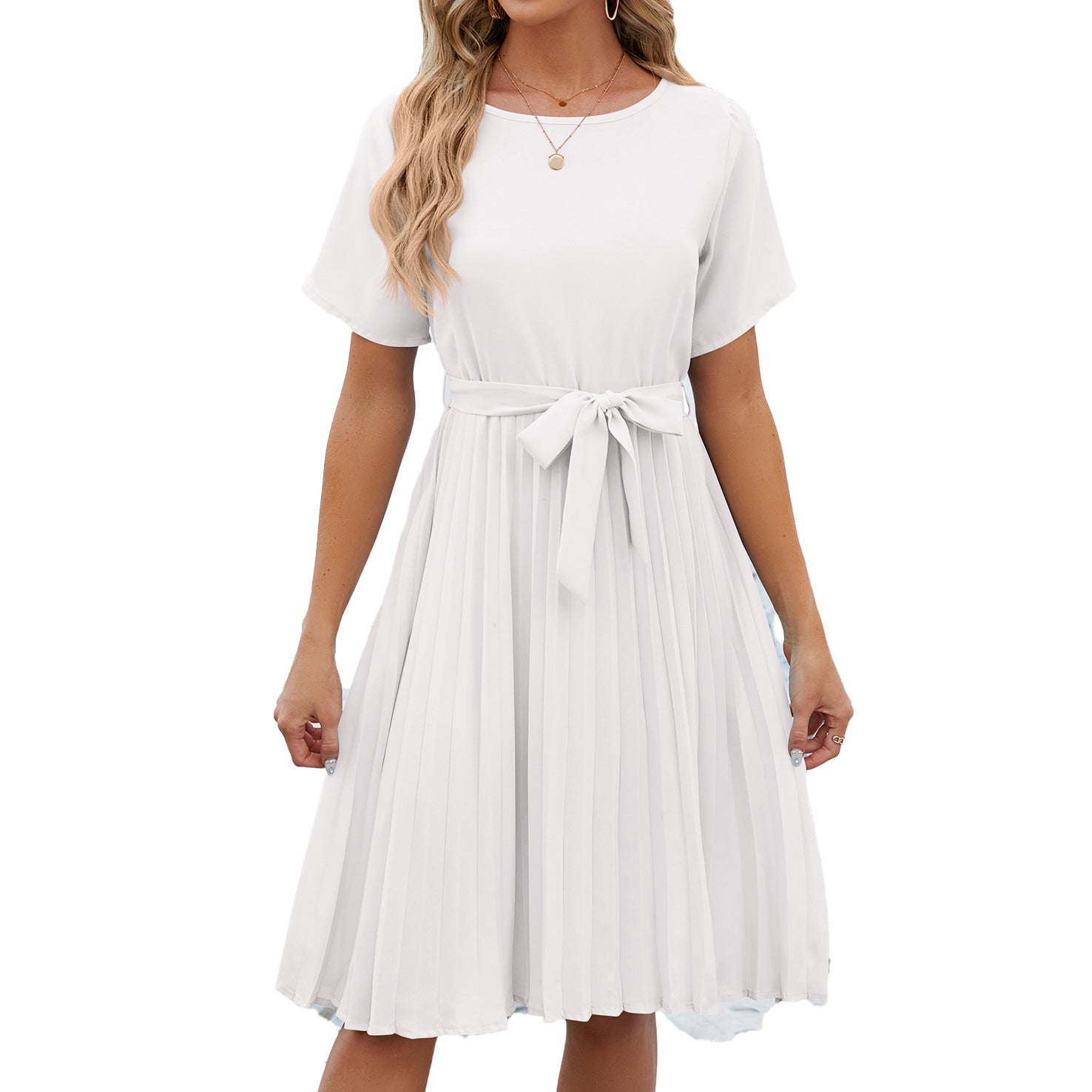 Women's Round Neck Dress Sleeve Knee-length Pleating Dresses