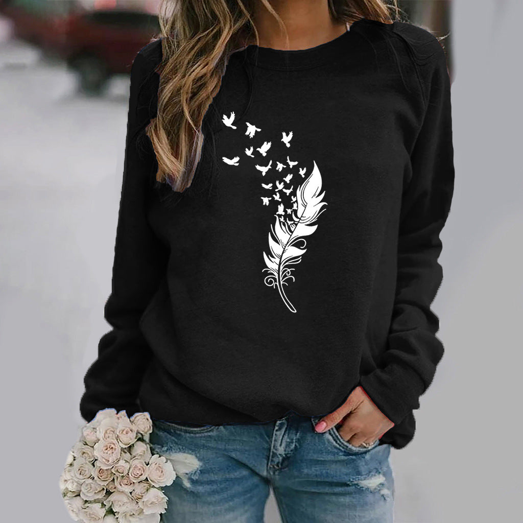 Feather Fun Pattern Printing Long Sleeve Sweaters