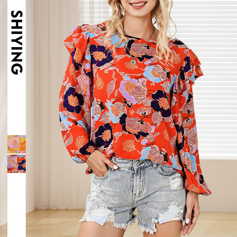 Women's Loose Pullover Spring Floral Print Ruffle Sleeve Tops