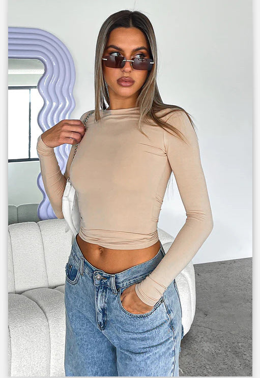 Women's Color Round Neck Slim Fit Long Blouses