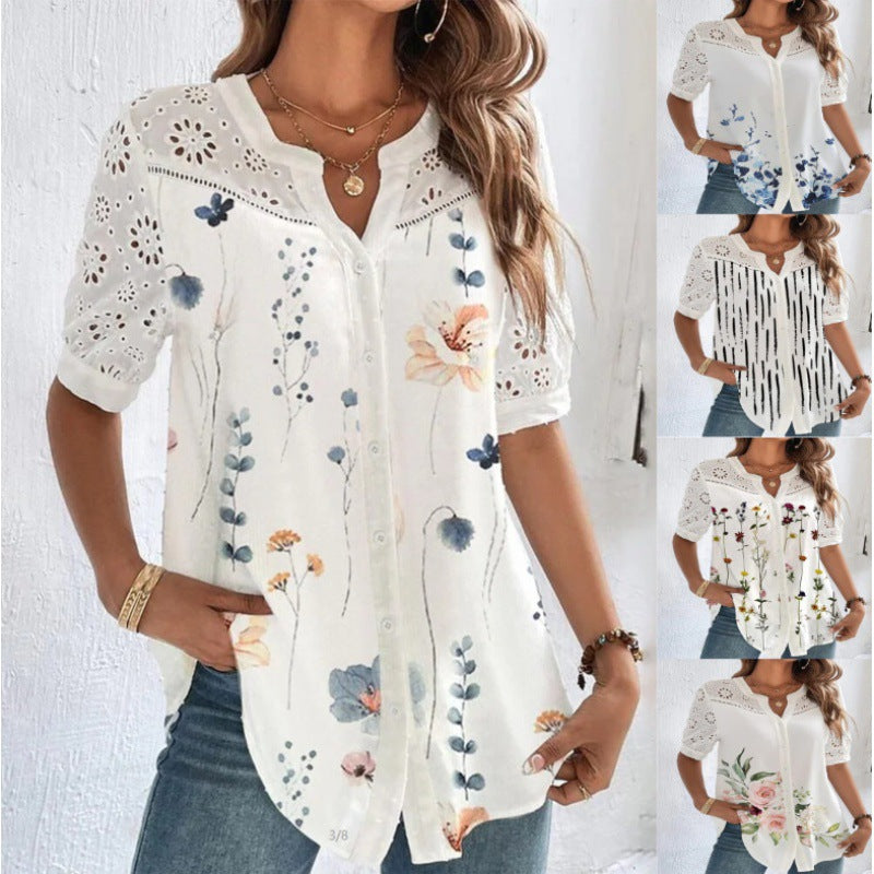 Women's Fashionable Breasted Lapel Short-sleeved Shirt Blouses