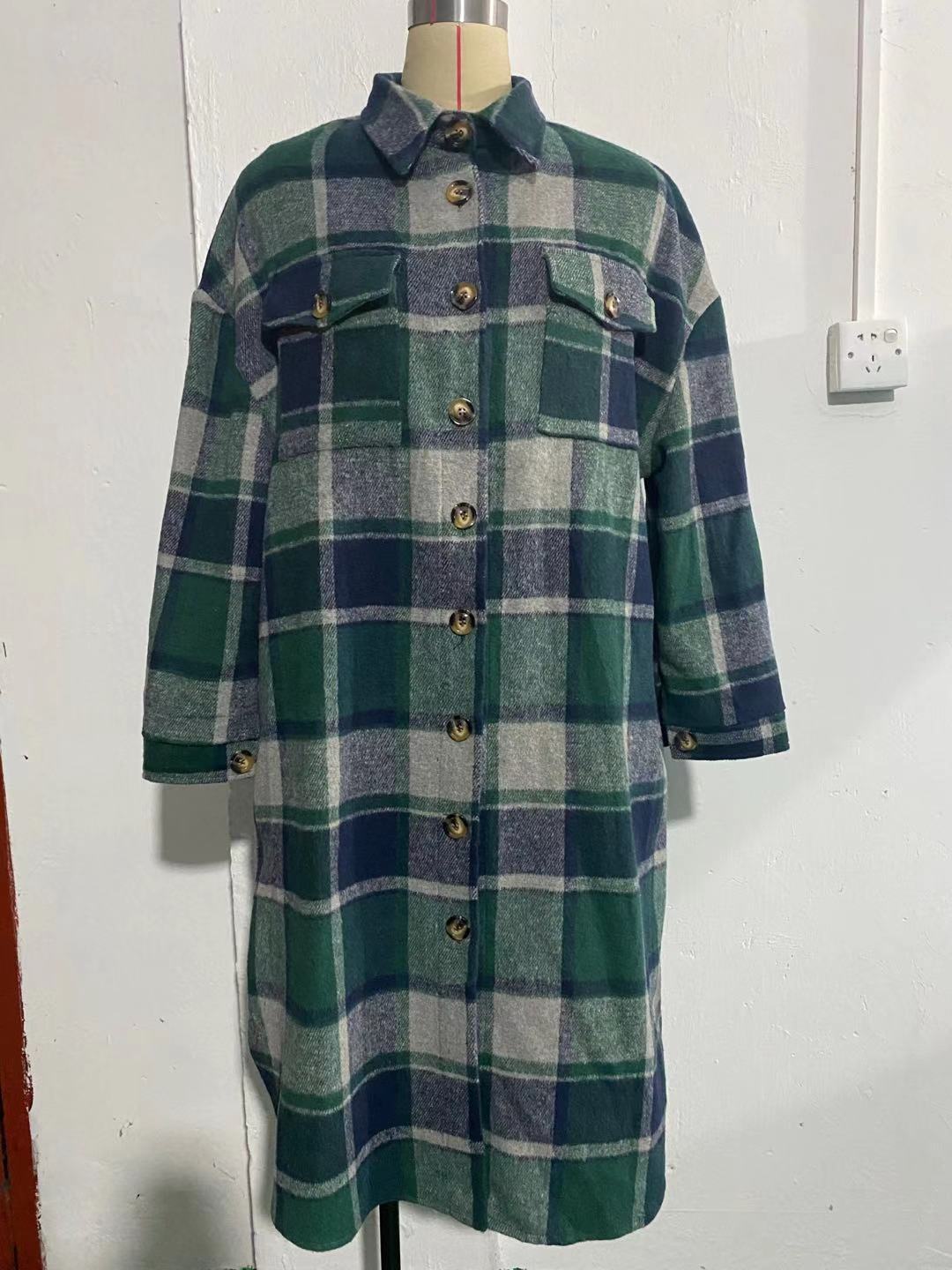 Women's Long Slit Woolen Plaid Trench Coats