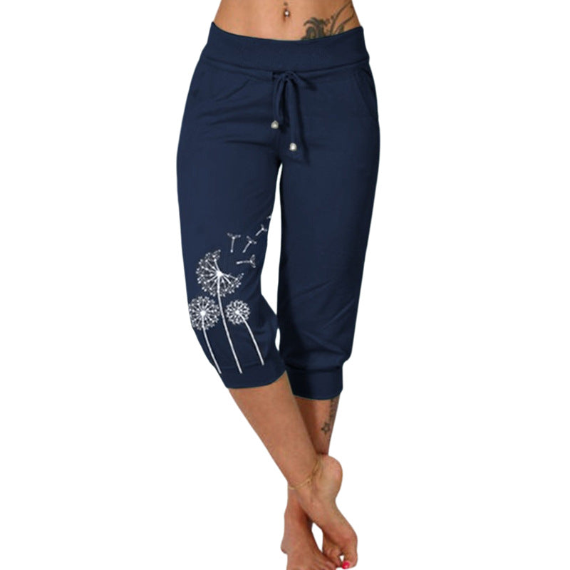 Women's Printed Waist Elastic Drawstring Design Casual Pants