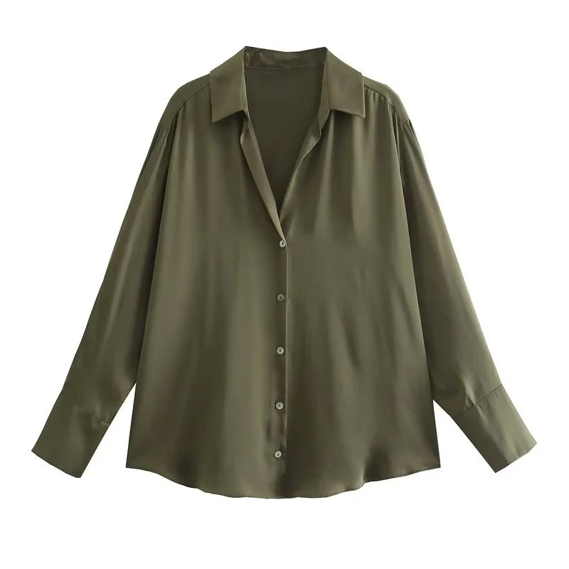 Women's Autumn Silk Satin Texture Draping Long-sleeved Blouses