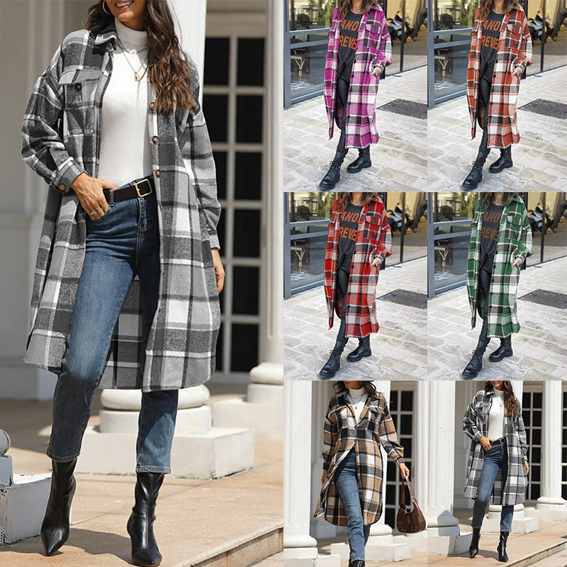 Women's Long Slit Woolen Plaid Trench Coats