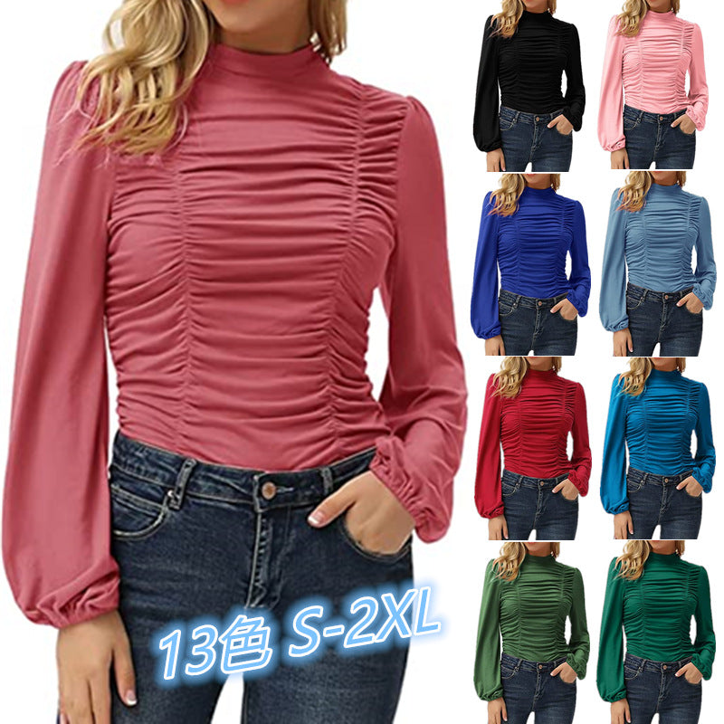 Women's Color Long Lantern Sleeve Turtleneck Pleated Blouses