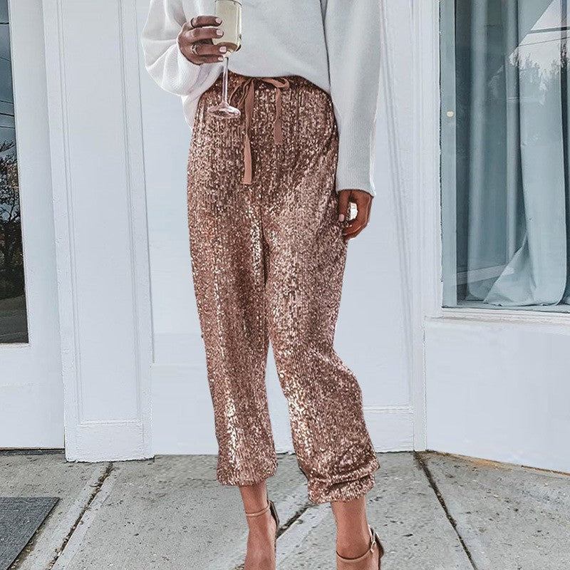 Women's Sequin Sequined High Waist Leg Ruffled Pants