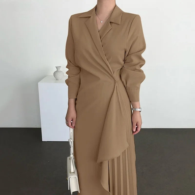 Women's Elegant Shirt Dress Vintage Long Solid Dresses