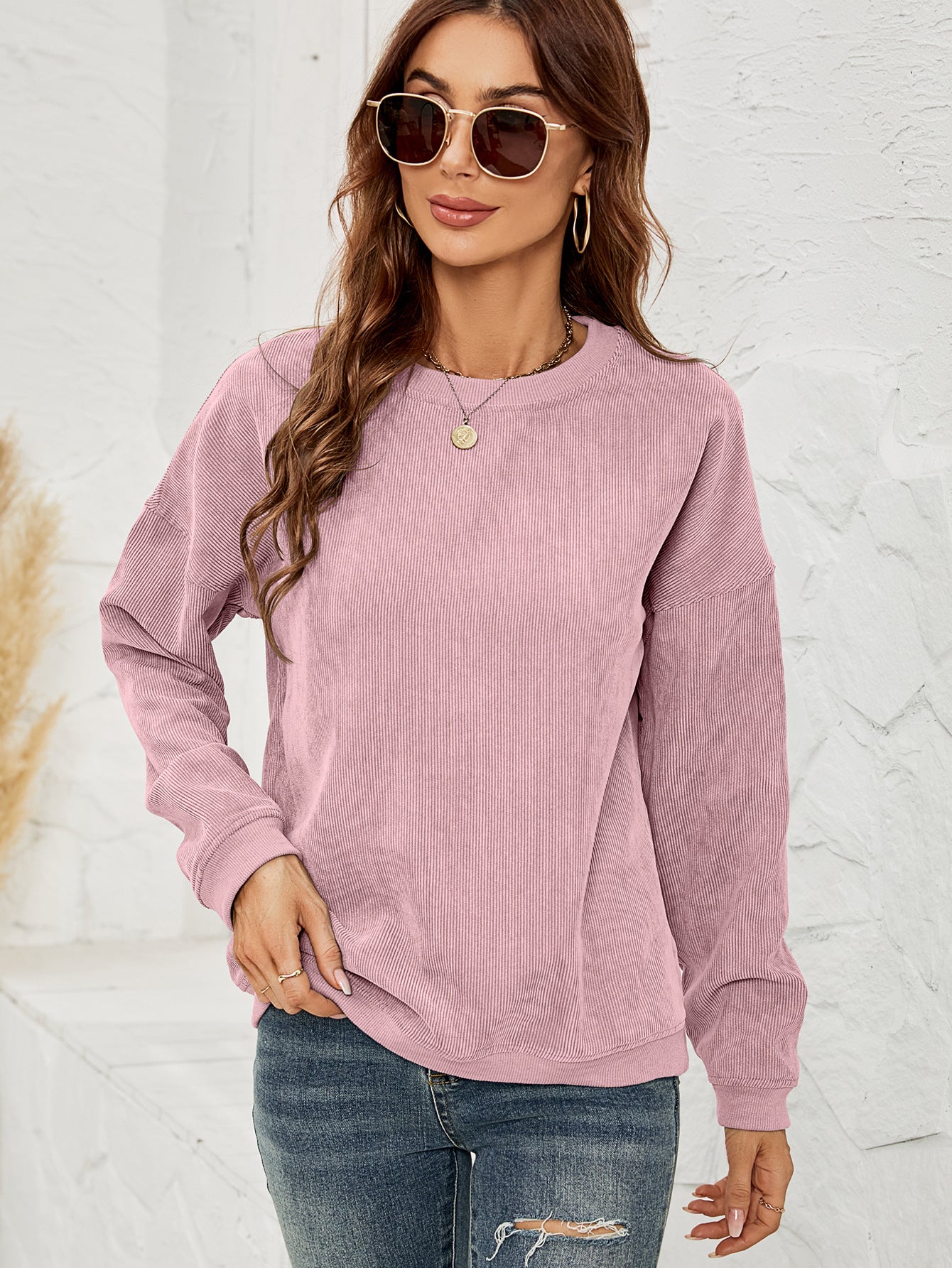 Women's Corduroy Casual Round Neck Pullover Long-sleeved Sweaters