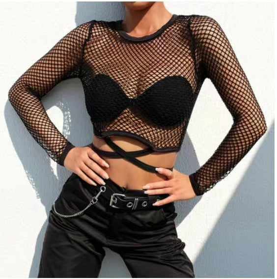 Women's Fashionable Mesh Round Neck Hollow Out Blouses