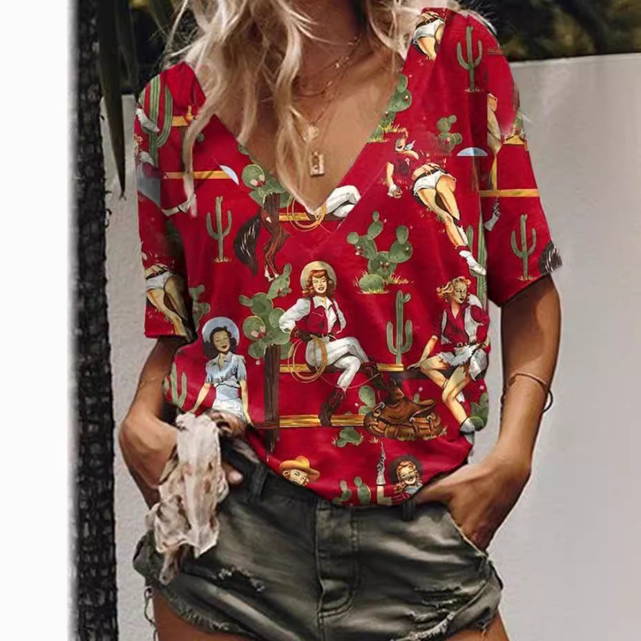 Women's Digital Printed Western Denim Sleeve T-shirt Shorts