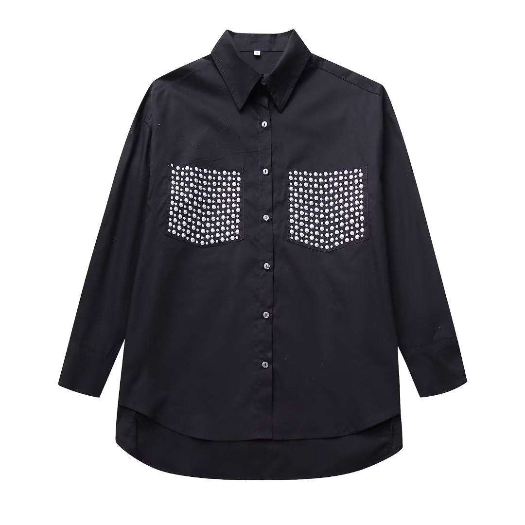 Women's Street Fashion Rivet Ornament Loose Poplin Blouses