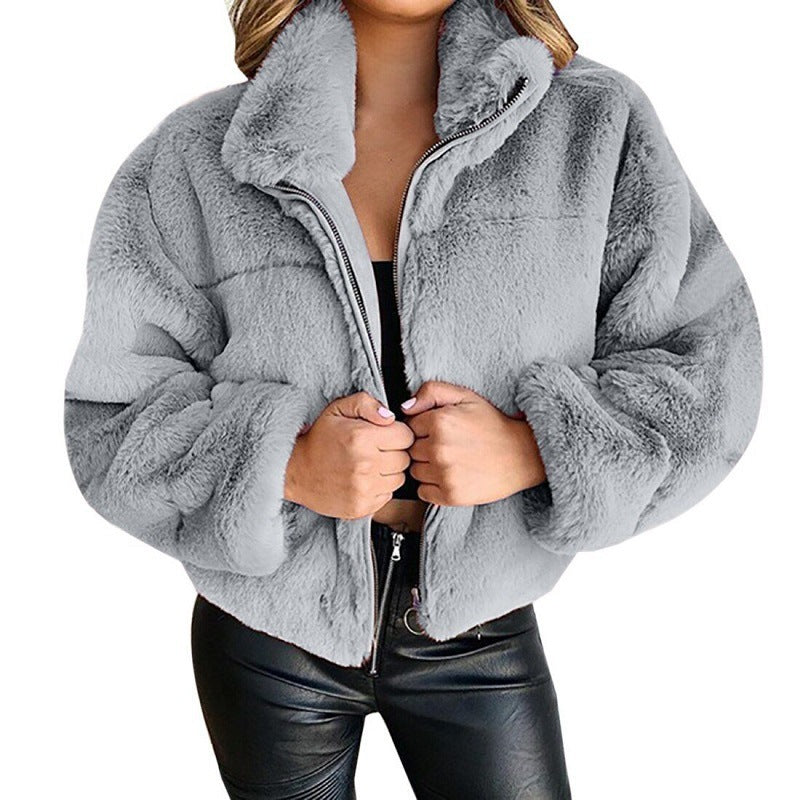 Women's Rabbit Fur Imitation Zipper Warm Plush Cardigans