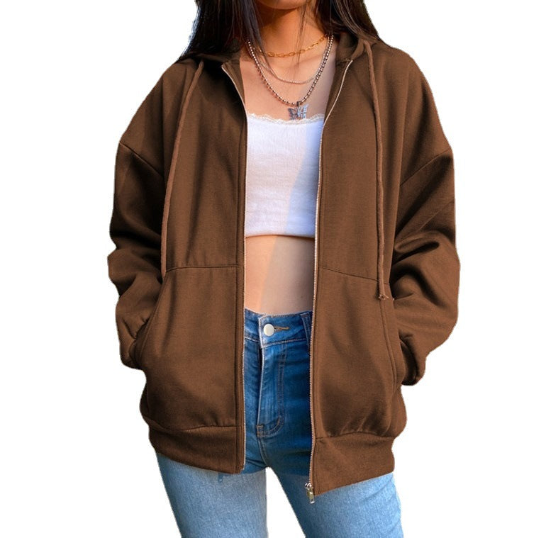 Women's Solid Color Hooded Fleece-lined Long-sleeved Loose Coats