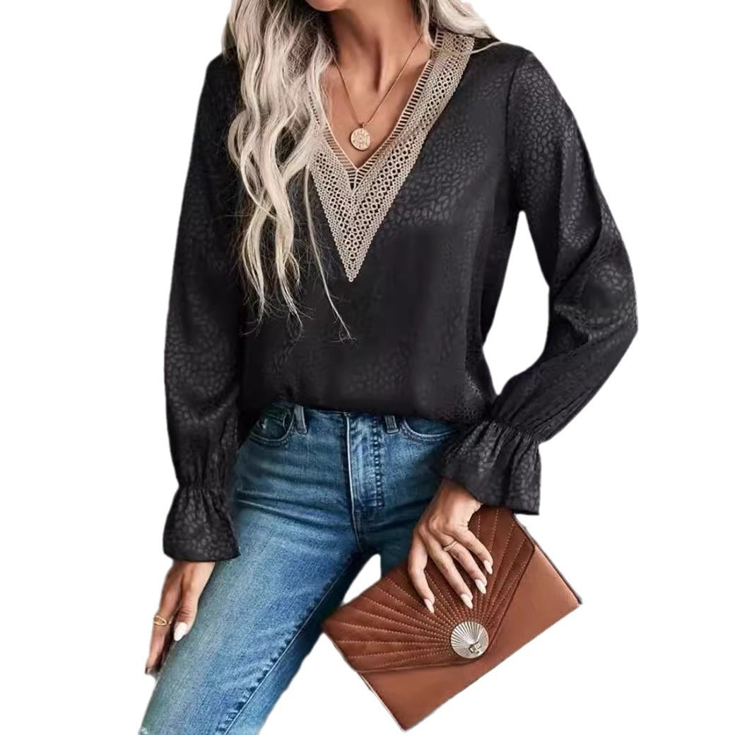 Women's Lace Pullover Shirt Jacquard Long-sleeved Blouses