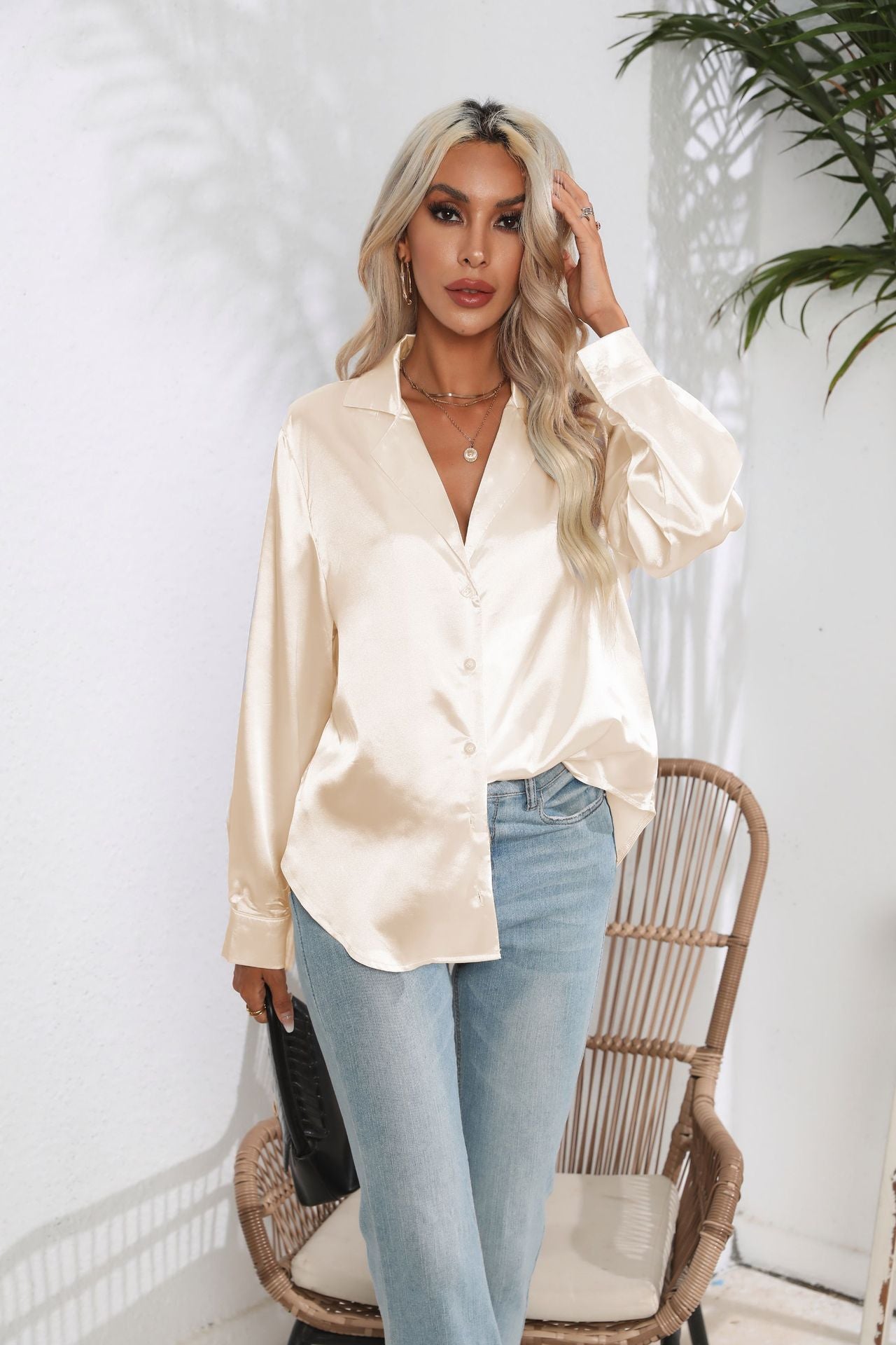 Women's Unique Collar Satin Shirt Long-sleeved Blouses