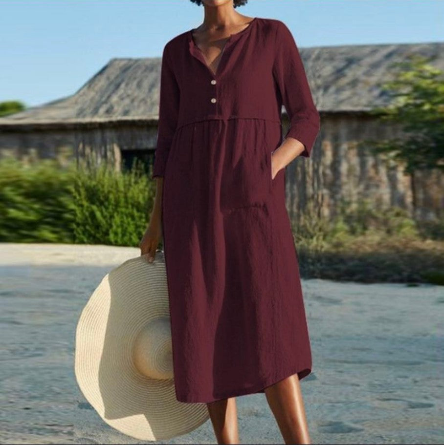 Round Neck Button Pocket Linen Half Dresses