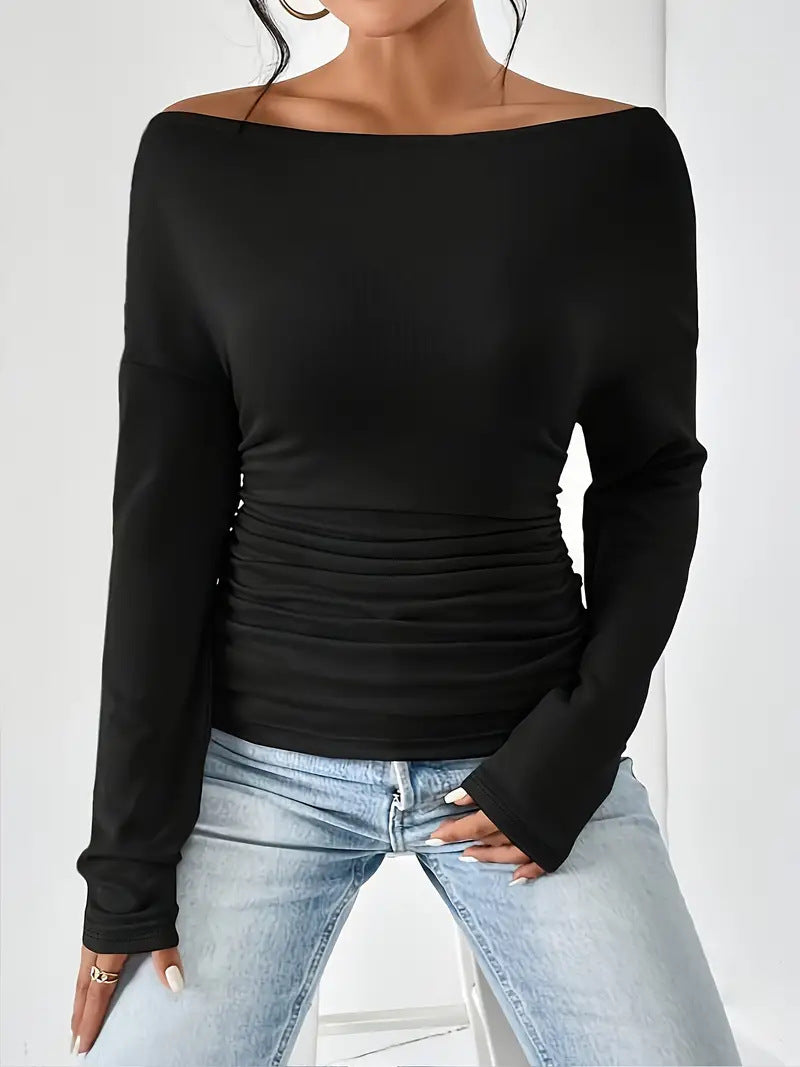 Women's Solid Color Shoulder Long Sleeve Pleated Blouses