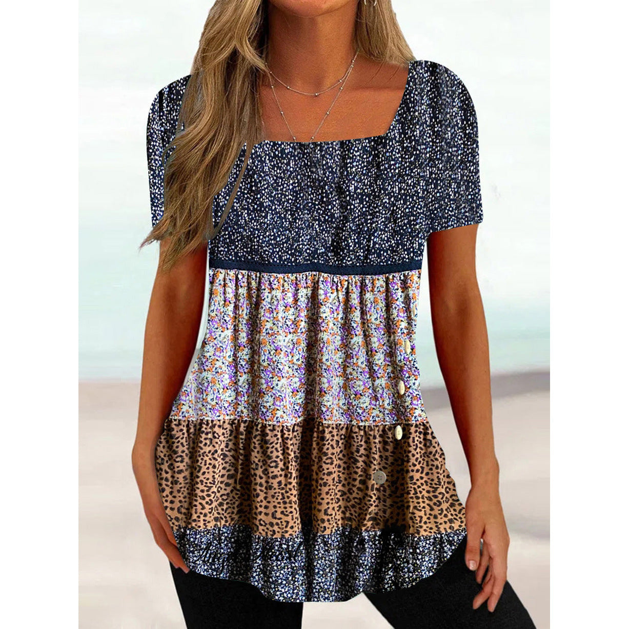 Women's Summer Loose Square Collar Short-sleeved Printed Blouses