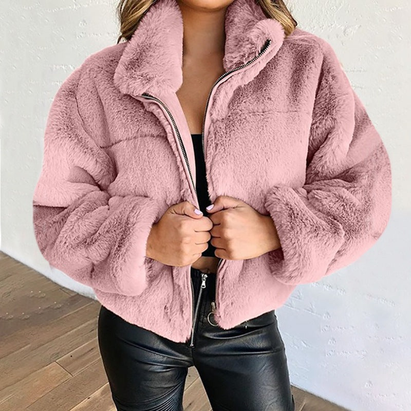 Women's Rabbit Fur Imitation Zipper Warm Plush Cardigans