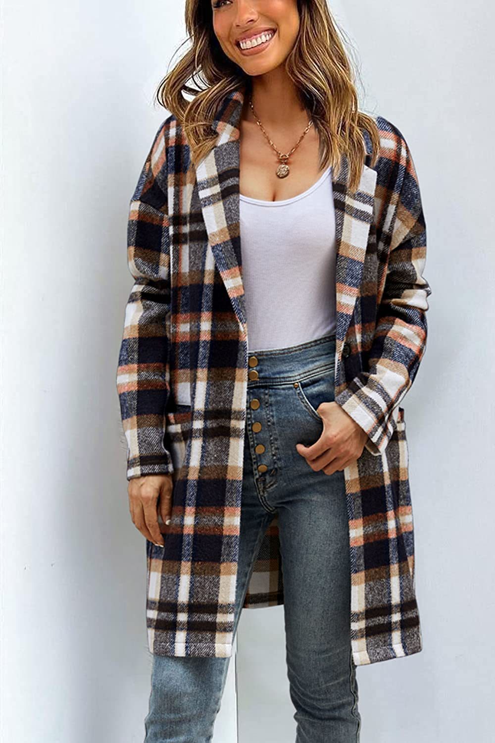 Graceful Women's Lapel Pocket Plaid Wool Coats