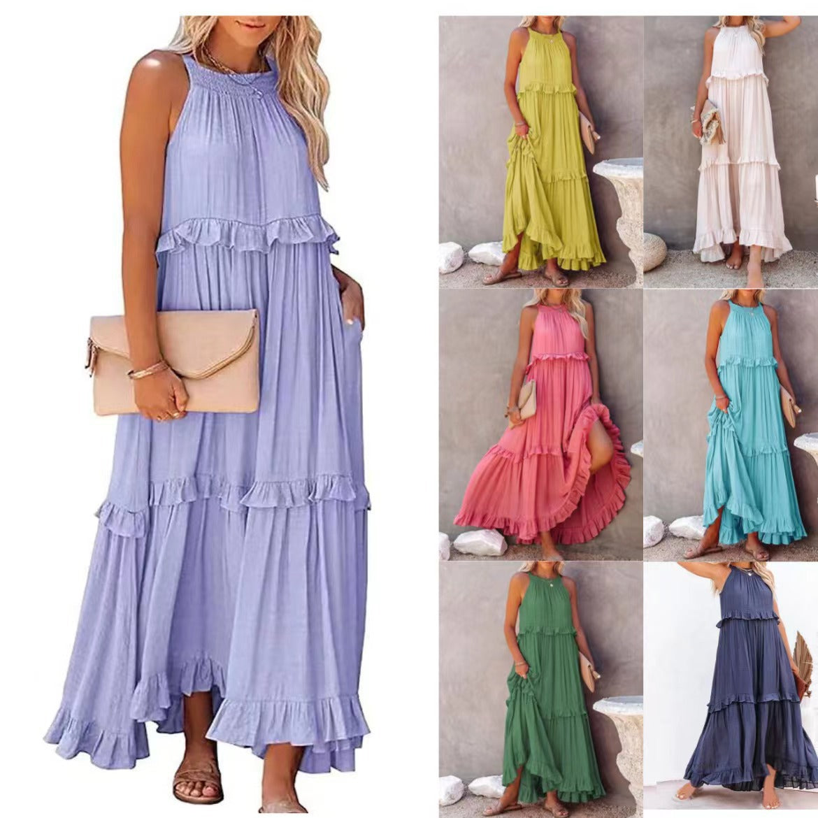 Women's Style Ruffled Long Dress Wide Hem Dresses