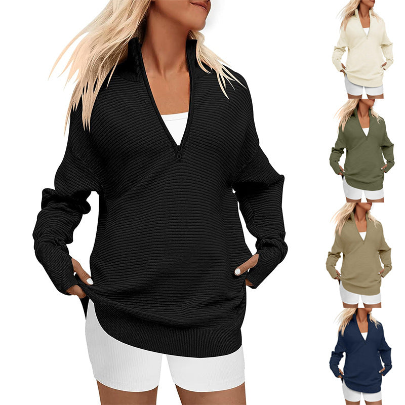 Women's Sleeve Half Zip Casual Rib Knitted Sweaters