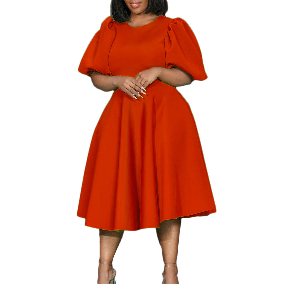 Graceful Puff Sleeve Waist-controlled Large Hem Lightly Dresses